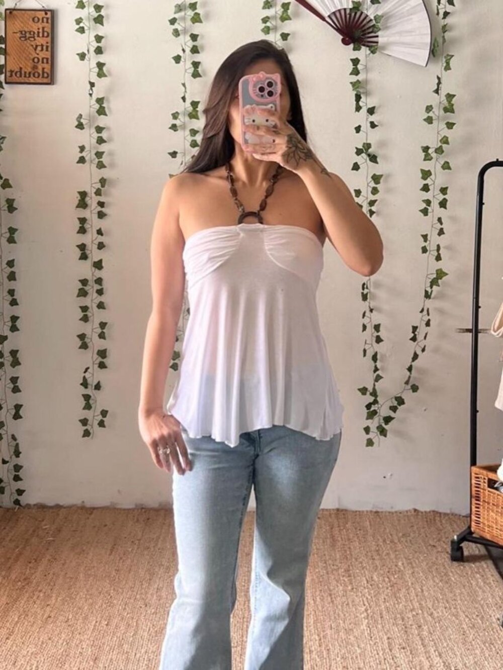 Nina Piu vintage Y2K white halter top with wood beaded neckline size S